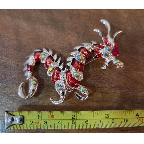 Jeweled Red Gold Dragon Chinese Spring Festival Brooch Pin 3 1/2" - Picture 3 of 3